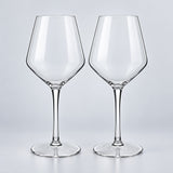 Bordeaux set of 2: 2 empty clear stemmed Tritan wine cups on a pale gray studio background.