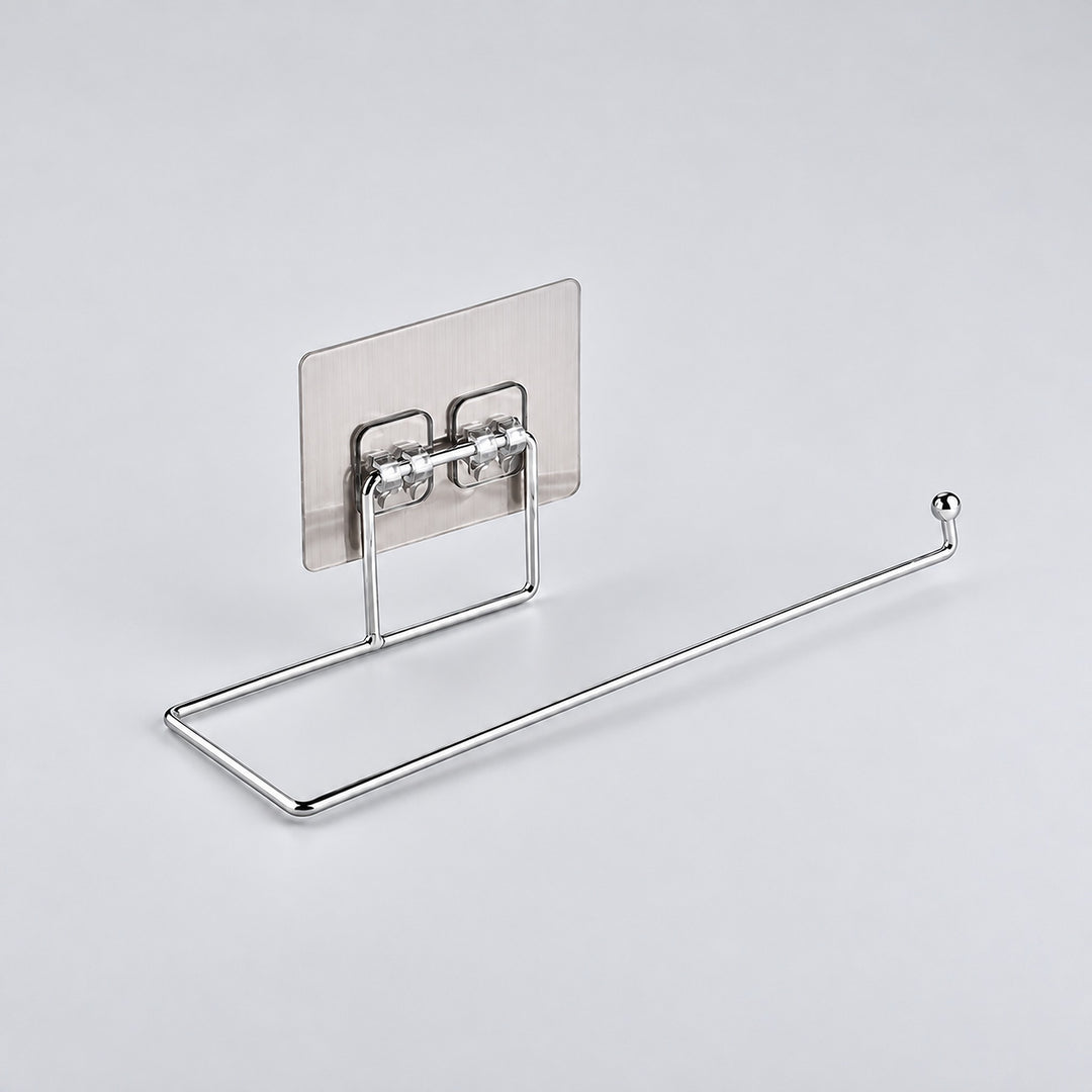 Clear-mount horizontal paper towel rack with silver wire arm, empty.