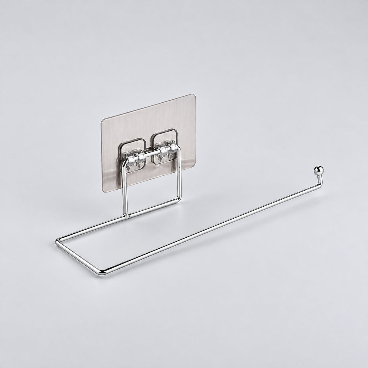 Clear-mount horizontal paper towel rack with silver wire arm, empty.