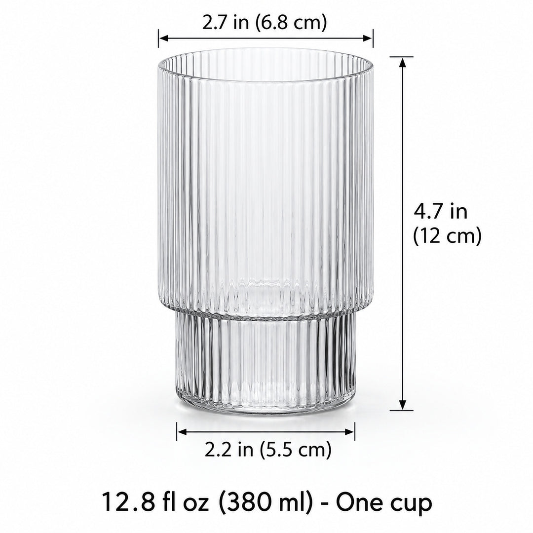 One 380 ml clear ribbed glass cup, 6.8 cm mouth, 12 cm high and 5.5 cm base.