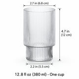 One 380 ml clear ribbed glass cup, 6.8 cm mouth, 12 cm high and 5.5 cm base.