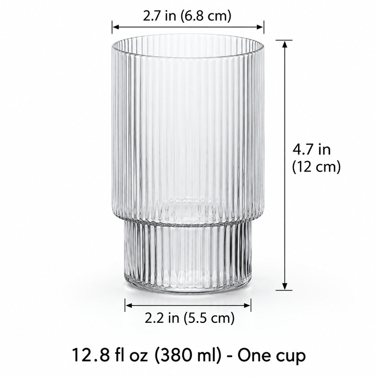 One 380 ml clear ribbed glass cup, 6.8 cm mouth, 12 cm high and 5.5 cm base.