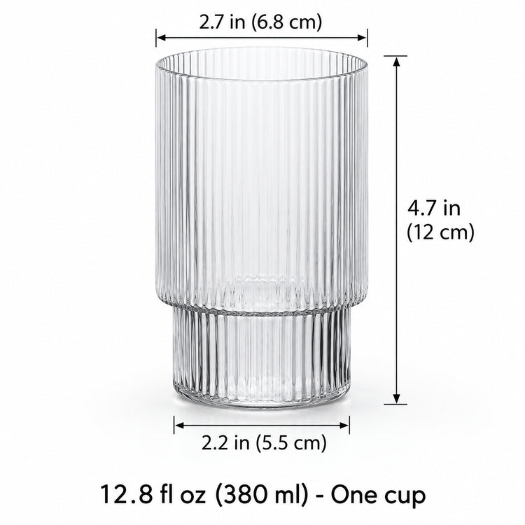 One 380 ml clear ribbed glass cup, 6.8 cm mouth, 12 cm high and 5.5 cm base.