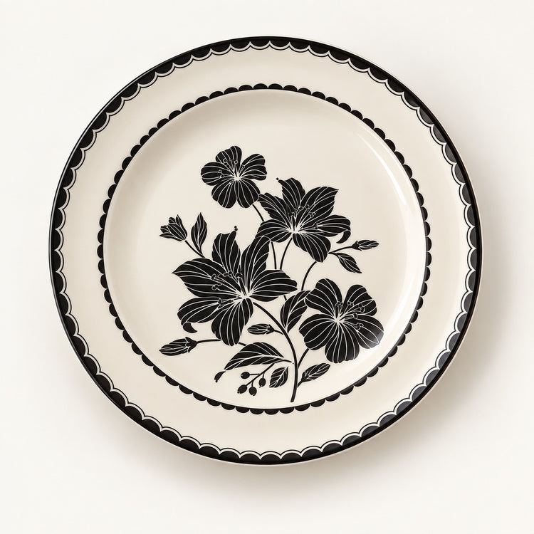 A round ceramic plate with a cream-colored glaze, featuring a black floral pattern in the center and a decorative black scalloped border around the rim, shown against a plain off-white background.
