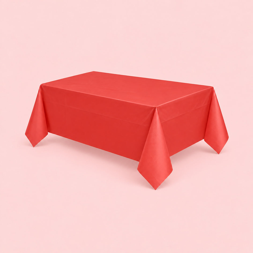 red disposable plastic table cover style.