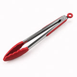 Red silicone-tipped stainless steel cooking tongs, 12 in.