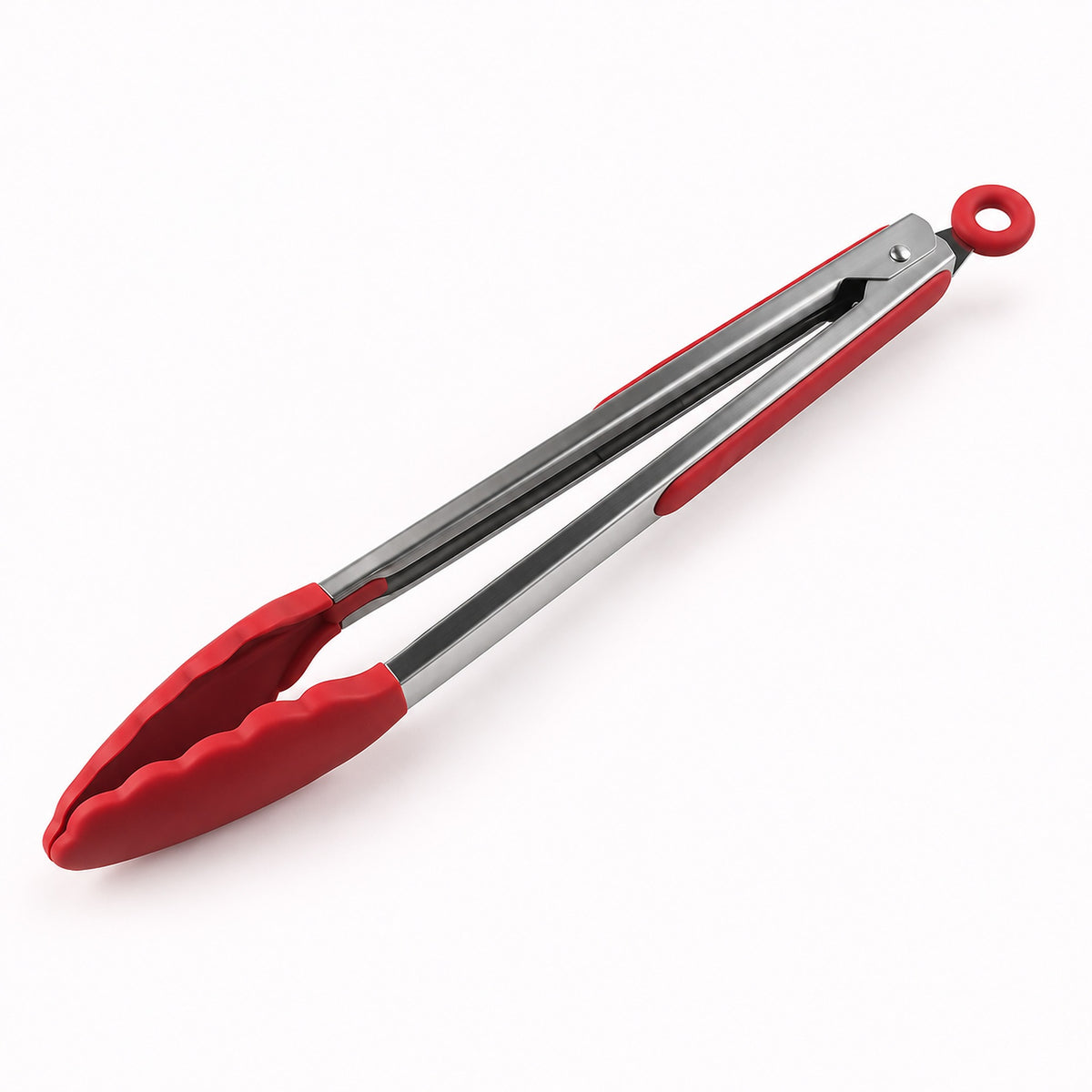 Red silicone-tipped stainless steel cooking tongs, 12 in.