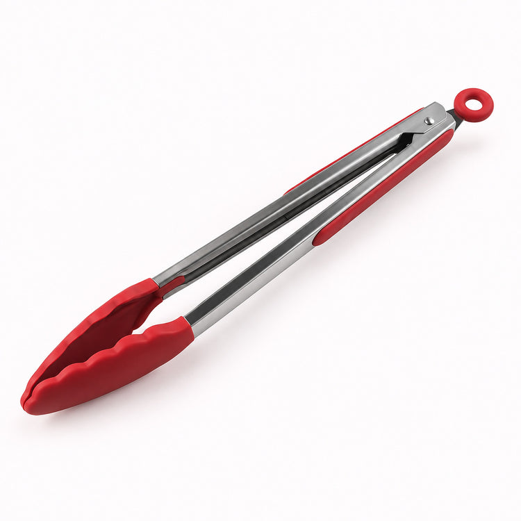 Red silicone-tipped stainless steel cooking tongs, 12 in.