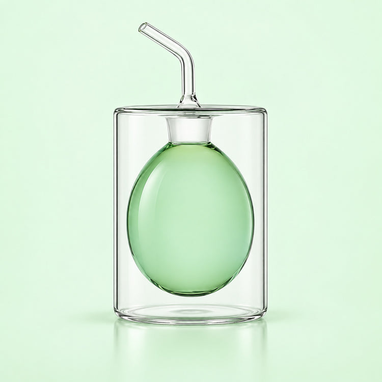 A clear glass double-walled cup with a matching clear glass straw, featuring a translucent light green inner balloon or sphere, set against a solid pale green background.