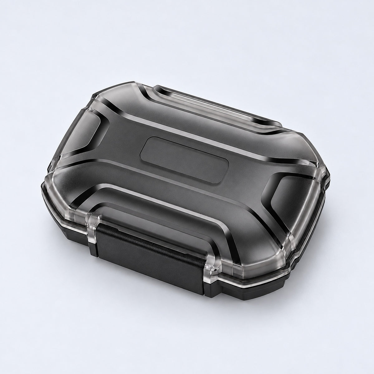 Smoky translucent black rectangular case with sculpted lid and front clasp.