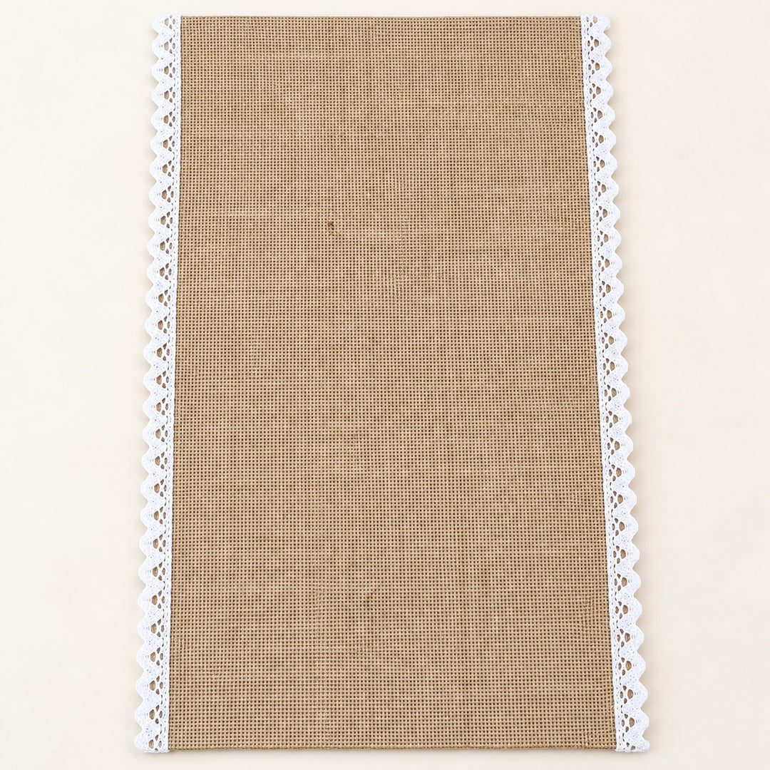 One tan placemat with white scalloped trim, 30 x 45 cm.