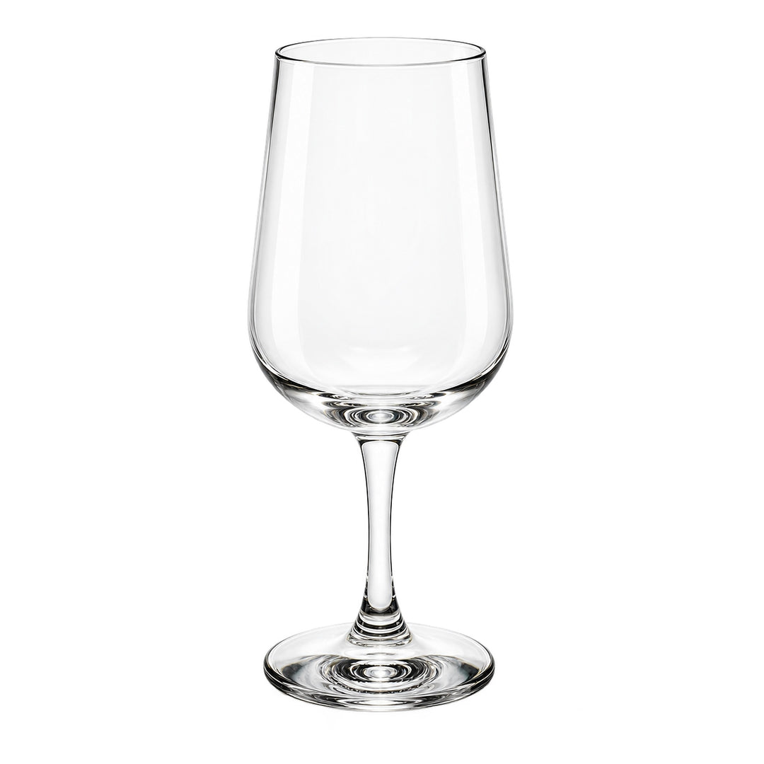 A clear glass wine glass with a wide bowl, a slender stem, and a flat circular base, photographed on a plain white background.