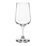 A clear glass wine glass with a wide bowl, a slender stem, and a flat circular base, photographed on a plain white background.