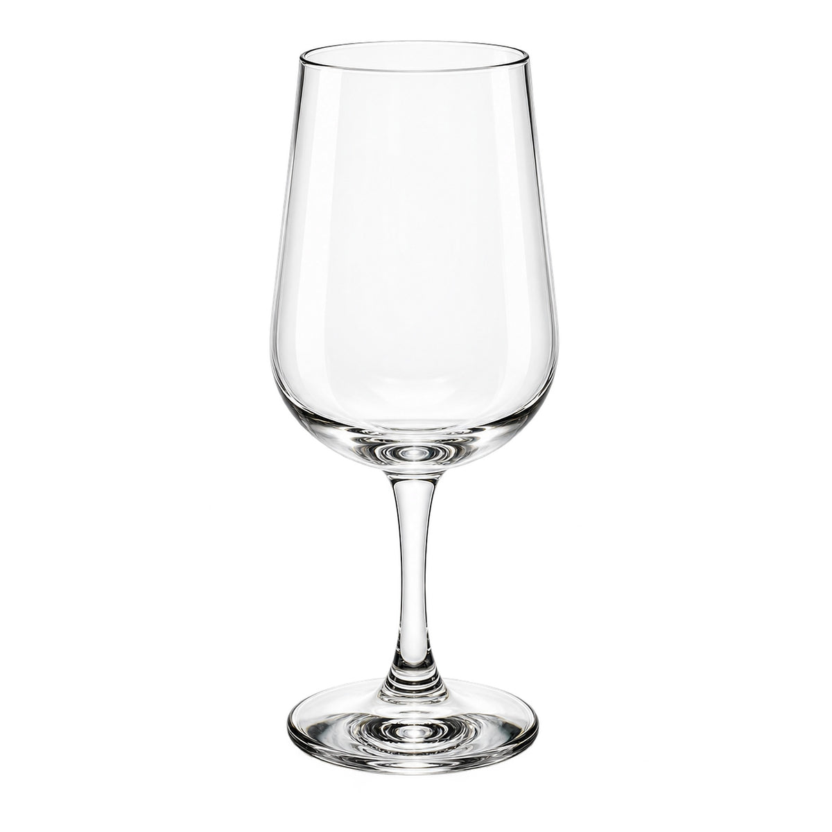 A clear glass wine glass with a wide bowl, a slender stem, and a flat circular base, photographed on a plain white background.
