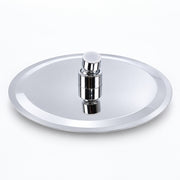A polished stainless steel pot lid with a central chrome handle and a white plastic top knob, shown on a clean white background.