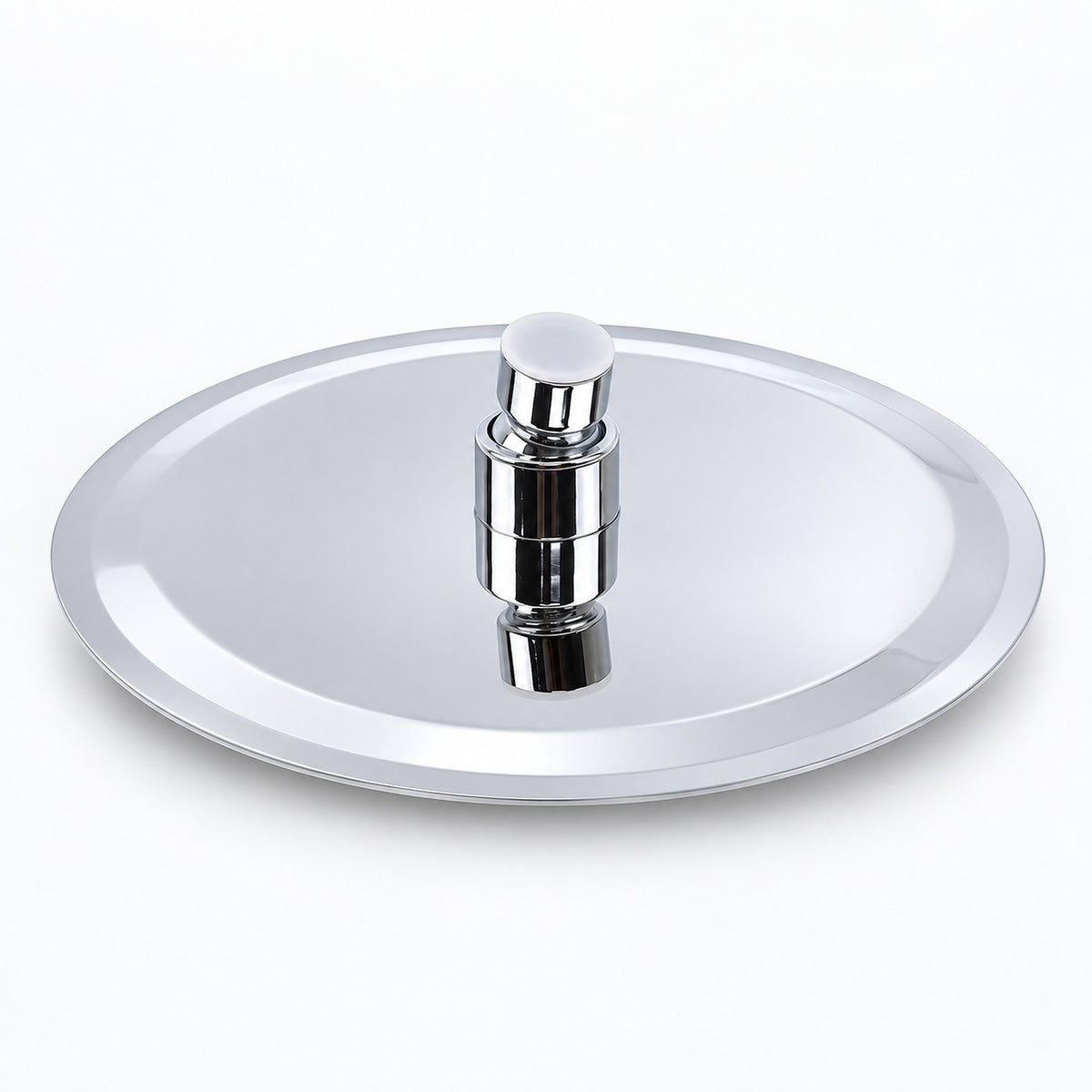 A polished stainless steel pot lid with a central chrome handle and a white plastic top knob, shown on a clean white background.