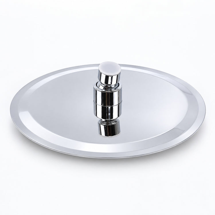 A polished stainless steel pot lid with a central chrome handle and a white plastic top knob, shown on a clean white background.