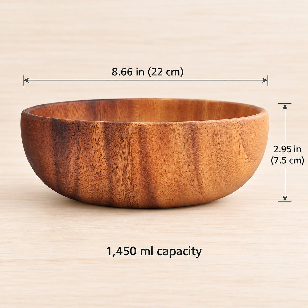 Acacia bowl, 8.66 in (22 cm) diameter, 2.95 in (7.5 cm) high, 1450 ml capacity.
