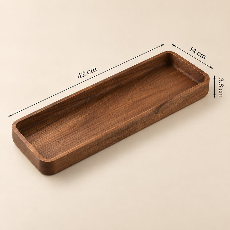 A rectangular wooden tray with rounded corners and raised edges, shown on a light beige background with dimension arrows and labels indicating 42 cm length, 14 cm width, and 3.8 cm height.