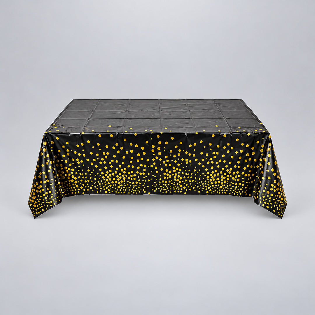 black with gold dots disposable plastic table cover style.