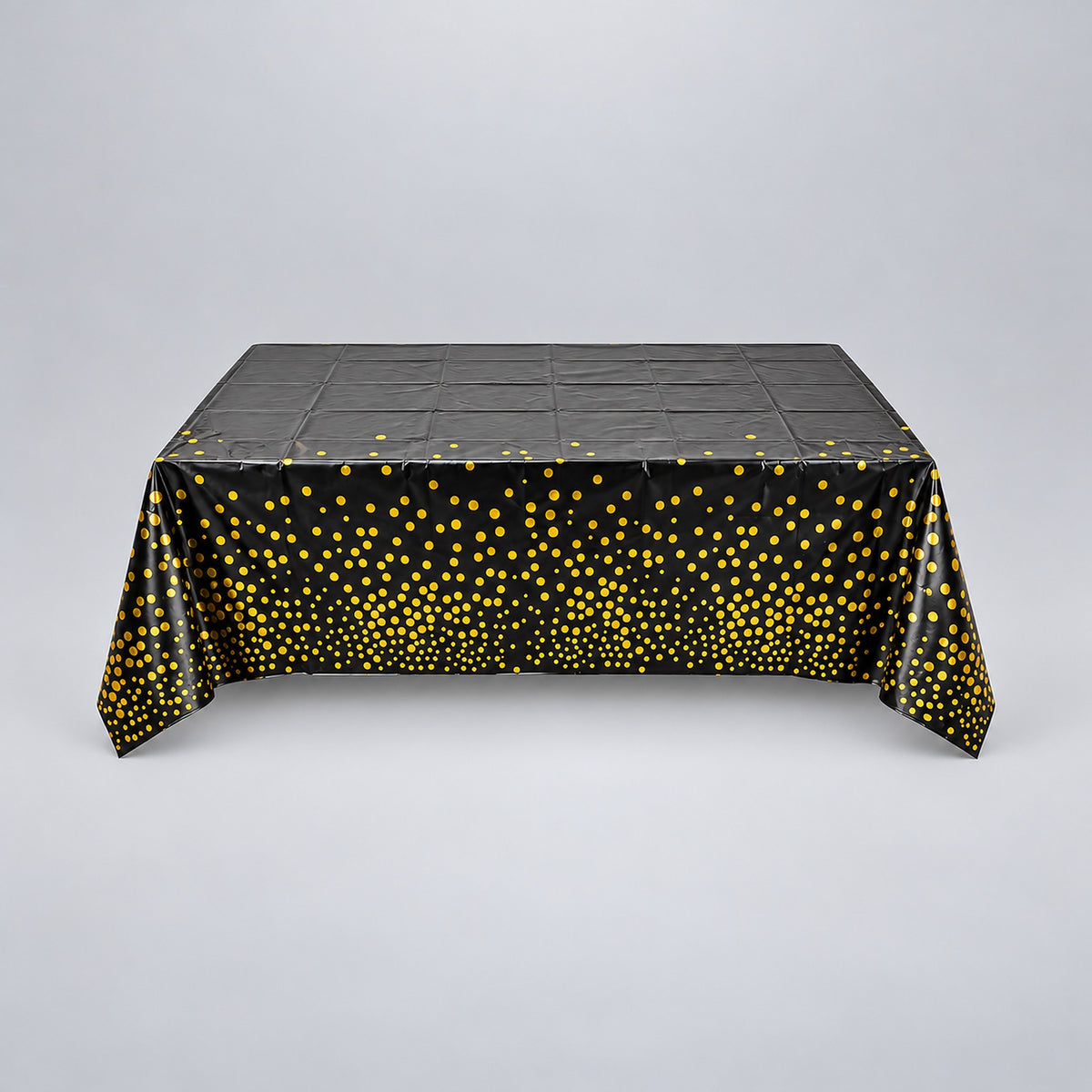 black with gold dots disposable plastic table cover style.