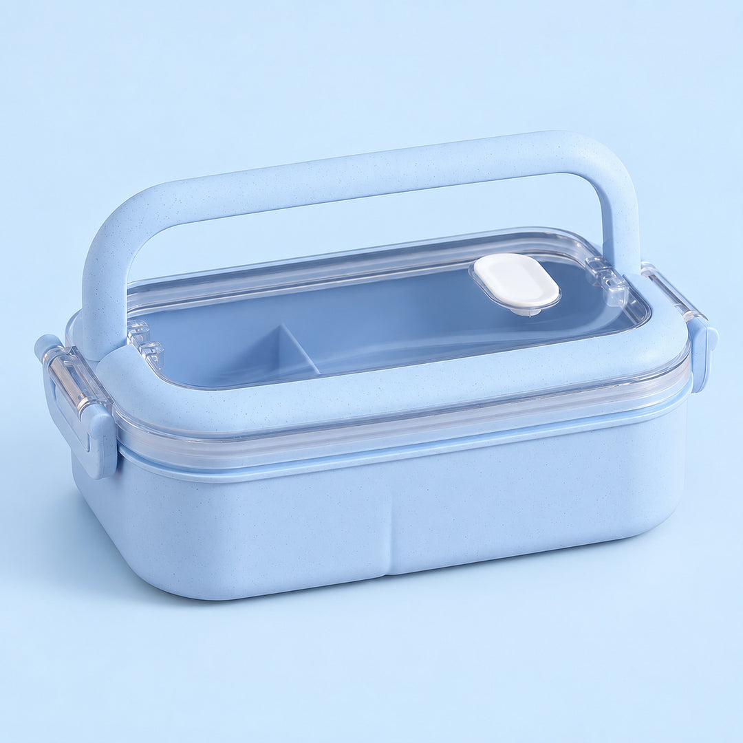 blue single layer plastic bento lunchbox with clear lid and carry handle.