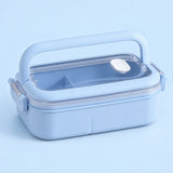 blue single layer plastic bento lunchbox with clear lid and carry handle.