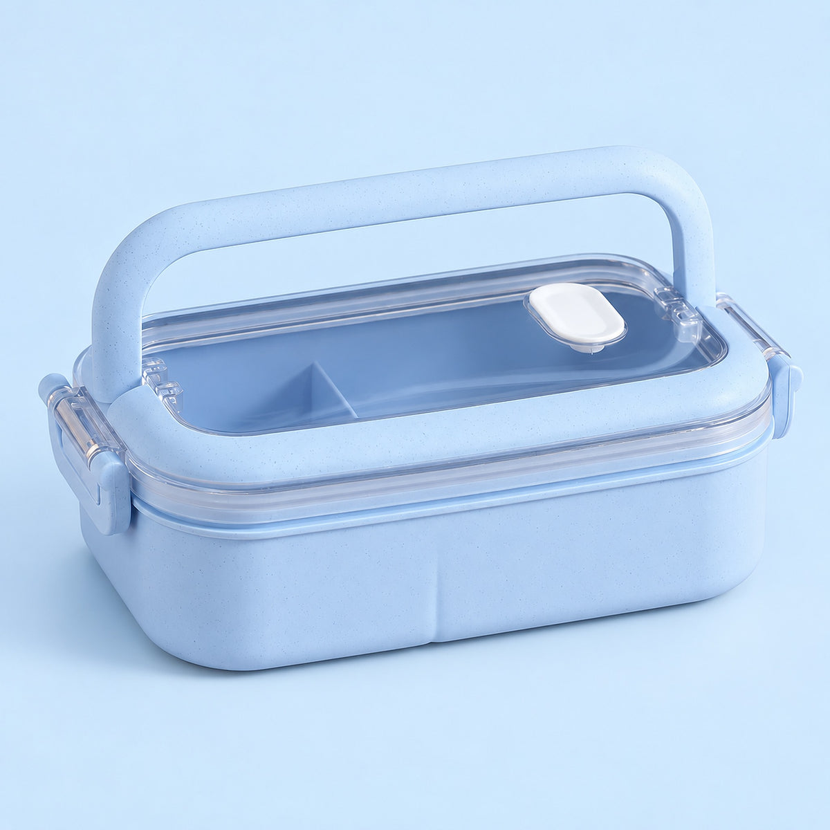 blue single layer plastic bento lunchbox with clear lid and carry handle.