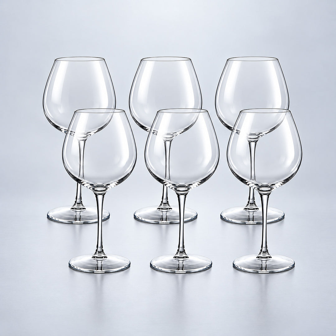 Burgundy set of 6: 6 empty clear stemmed Tritan wine cups on a pale gray studio background.