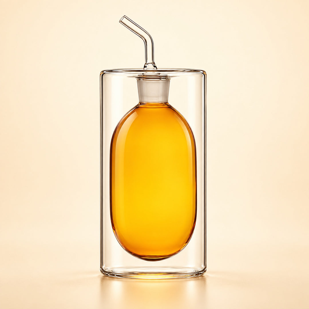 A clear glass double-walled bottle with an oval-shaped body, filled with golden amber liquid, featuring a glass stopper and a bent glass straw, set against a warm beige background.
