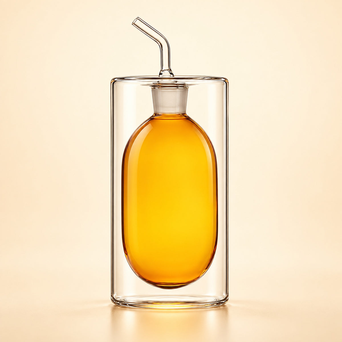 A clear glass double-walled bottle with an oval-shaped body, filled with golden amber liquid, featuring a glass stopper and a bent glass straw, set against a warm beige background.
