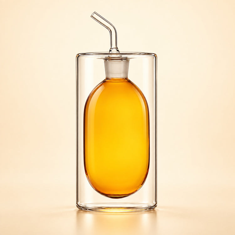 A clear glass double-walled bottle with an oval-shaped body, filled with golden amber liquid, featuring a glass stopper and a bent glass straw, set against a warm beige background.