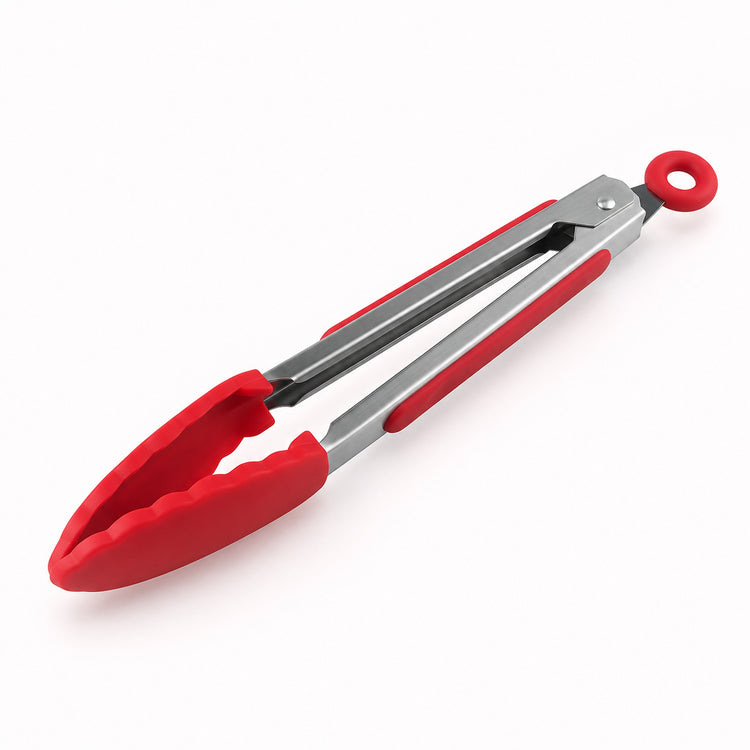 Red silicone-tipped stainless steel cooking tongs, 7 in.