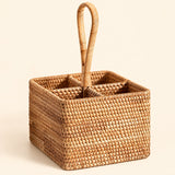 Square four-compartment wicker basket with loop handle; 18 x 18 cm, 27 cm total height.