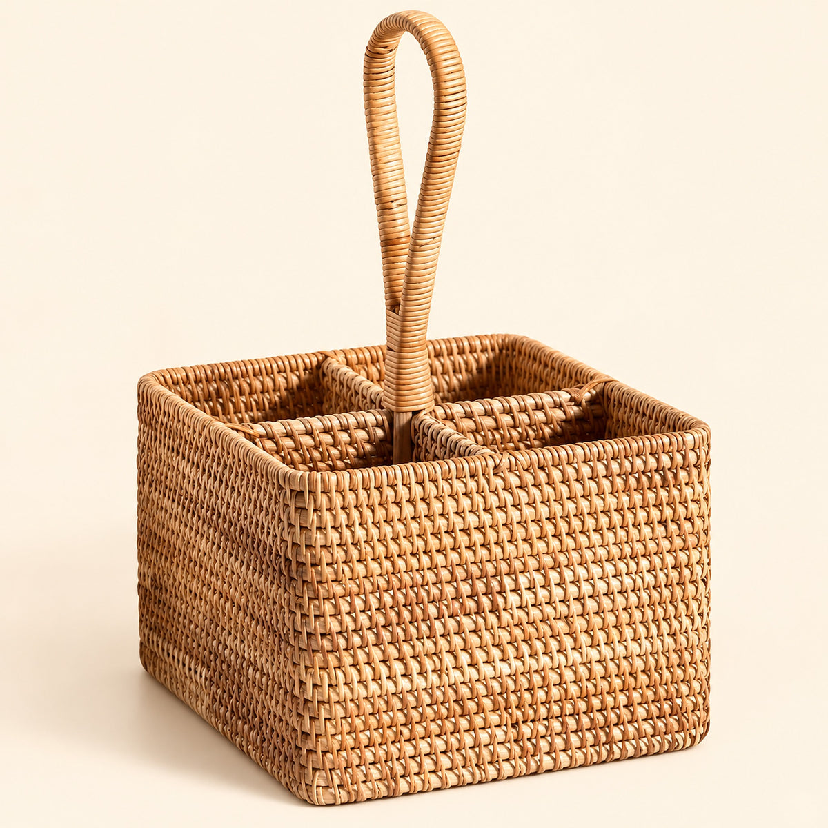 Square four-compartment wicker basket with loop handle; 18 x 18 cm, 27 cm total height.