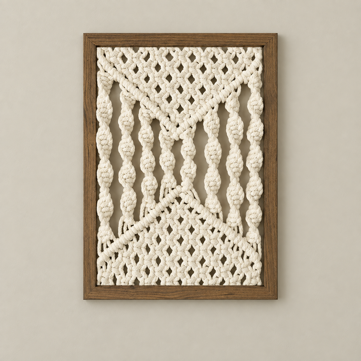 A framed macrame wall art piece with cream-colored woven cords and a medium brown wooden frame, displayed against a neutral beige wall.