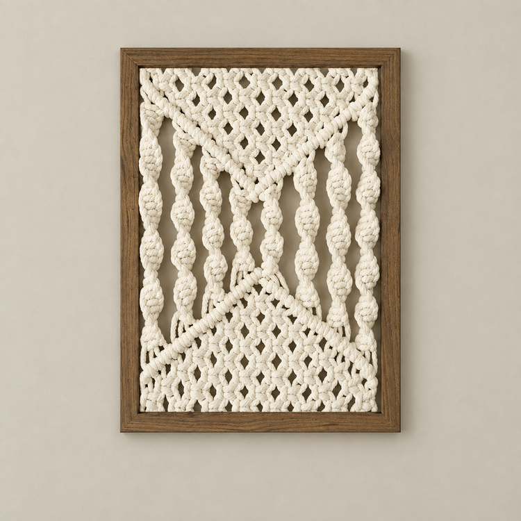 Style-02 cream with 320g, macrame panel in 13 knot styles, twisted cord, stained wood frame