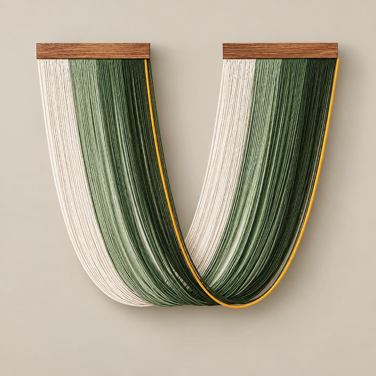 A modern wall-mounted letter 'U' sculpture made of layered vertical strands of cream and forest green yarn, framed by a natural wood top bar and a thin yellow accent line, set against a solid warm beige background.