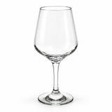 A clear glass wine glass with a wide, gently flared bowl, a slender stem, and a flat circular base, shown on a plain white background.