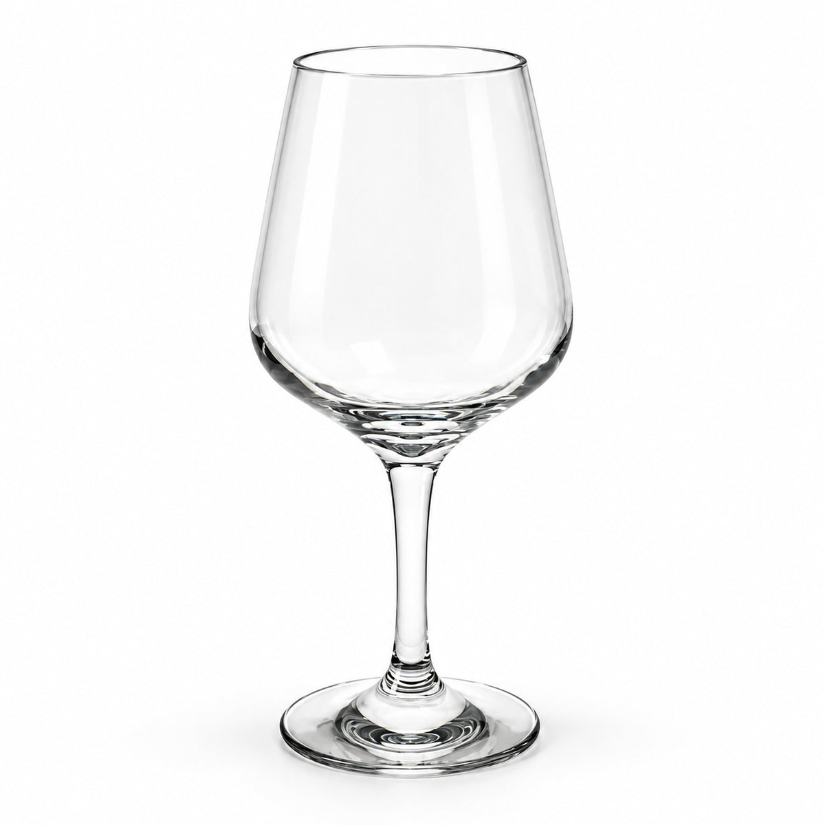 A clear glass wine glass with a wide, gently flared bowl, a slender stem, and a flat circular base, shown on a plain white background.