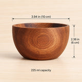 Acacia bowl, 3.94 in (10 cm) diameter, 2.36 in (6 cm) high, 225 ml capacity.
