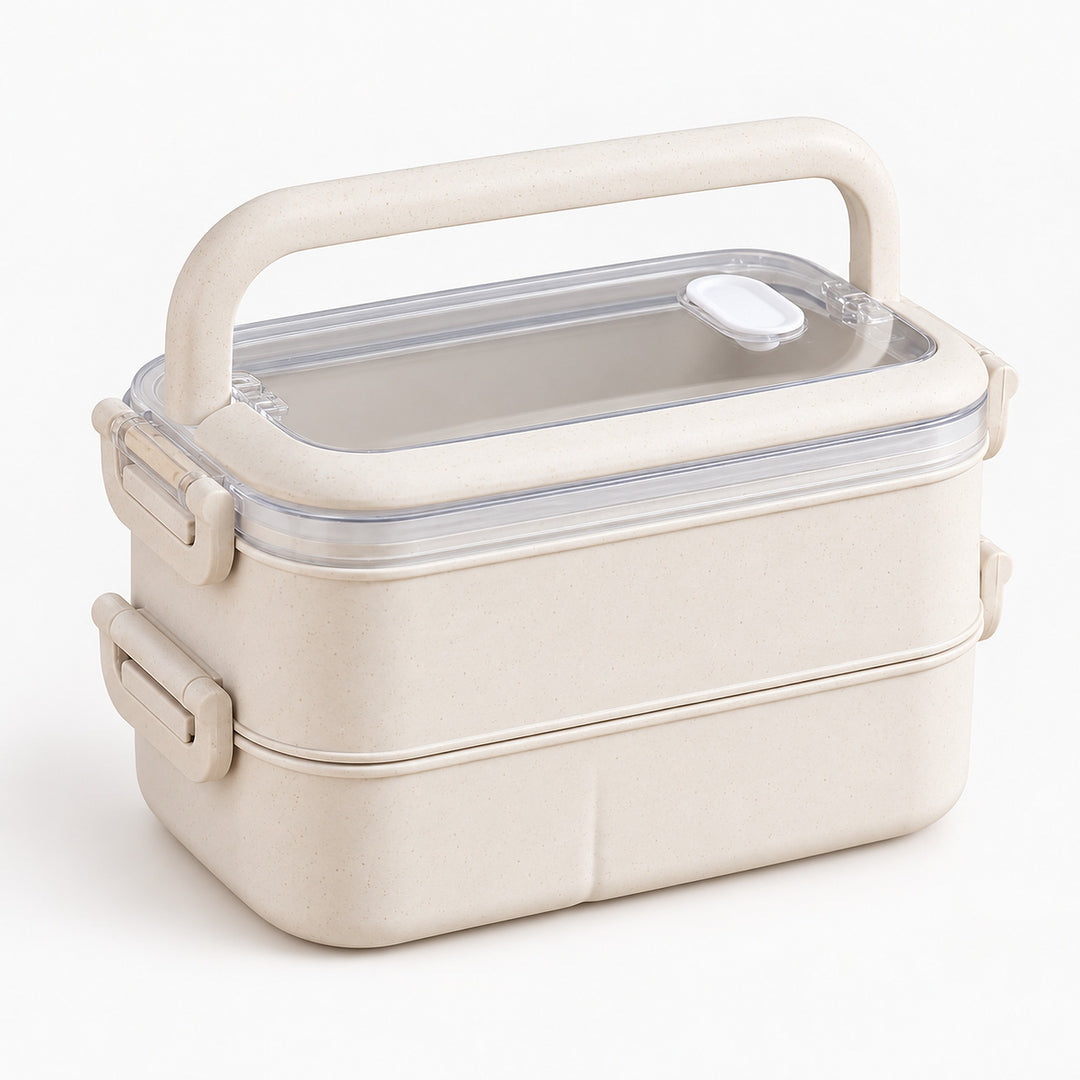 beige double layer plastic bento lunchbox with clear lid and carry handle.