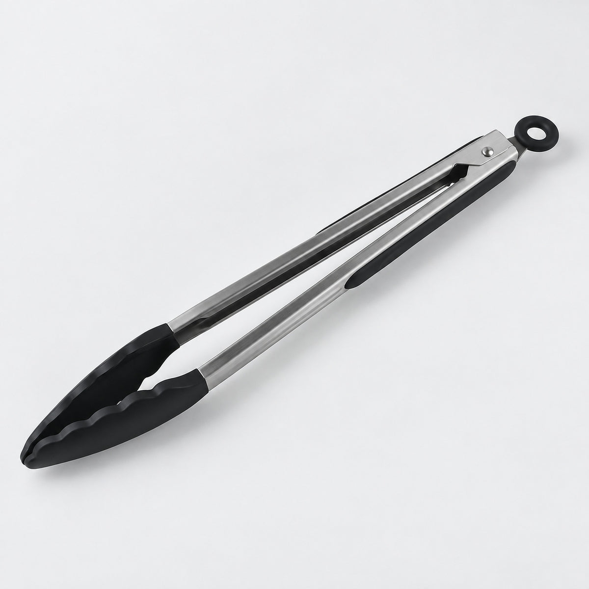 Black silicone-tipped stainless steel cooking tongs, 12 in.