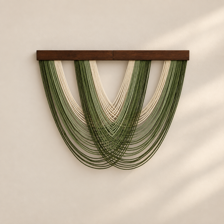 C-01 green swags, 5 swag shapes across 16 colorways, fine twisted cord, pale wooden beads on the B series