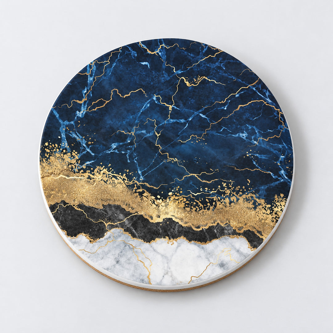 One navy and white gold veins printed ceramic coaster on a light studio background.