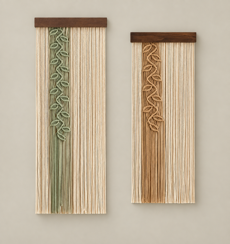 Two vertical woven wall hangings with dark wood top bars, shown against a plain warm beige wall. The left piece has a light beige body with a vertical sage green leaf pattern, and the right piece has a tan leaf pattern.