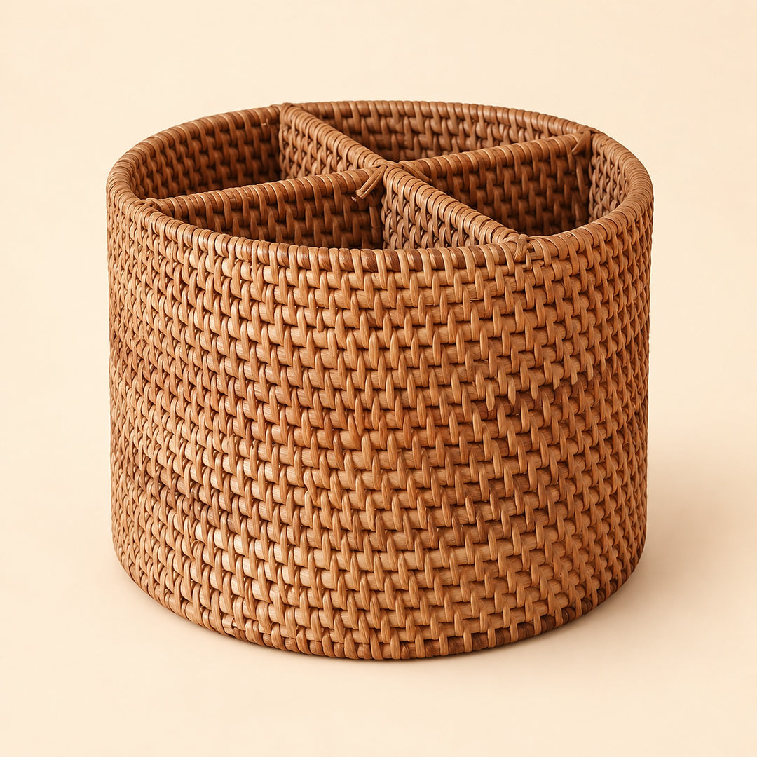 Round four-compartment wicker basket without handle; 20 cm diameter, 12 cm height.