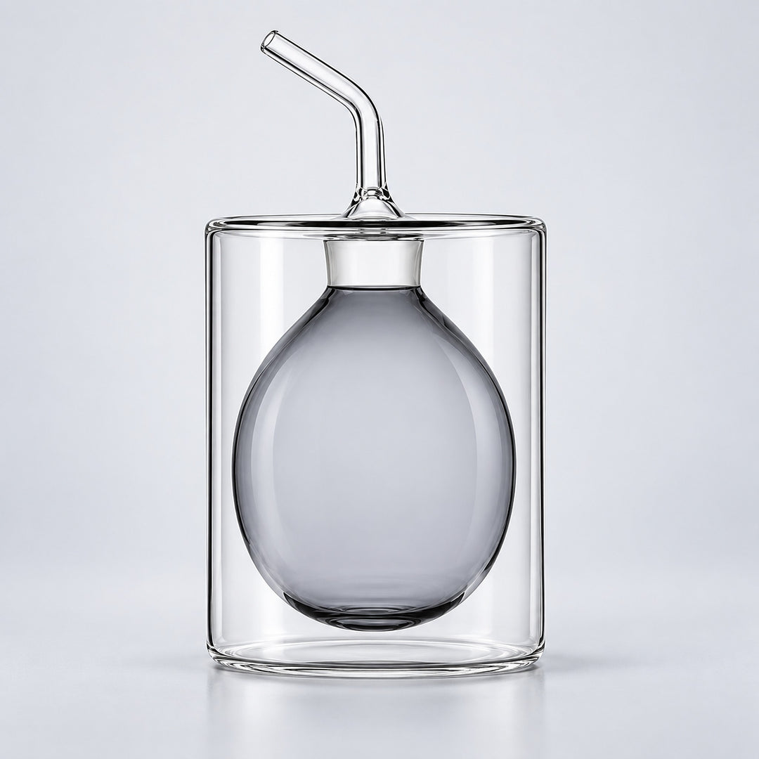 A clear glass double-walled mug with a matching glass lid and angled glass straw, featuring a large frosted gray glass bulb insert, set against a light gray background.
