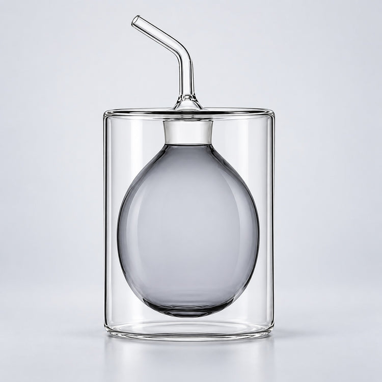 A clear glass double-walled mug with a matching glass lid and angled glass straw, featuring a large frosted gray glass bulb insert, set against a light gray background.