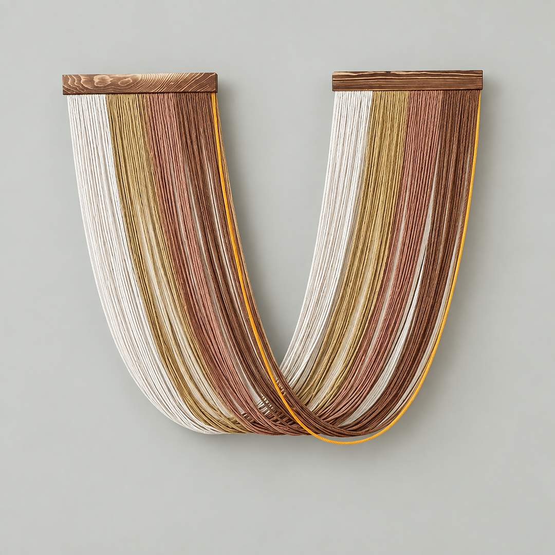 A U-shaped wall art piece made of many hanging strands in white, beige, tan, brown, and mustard yellow, suspended from a wooden top bar against a light gray wall.